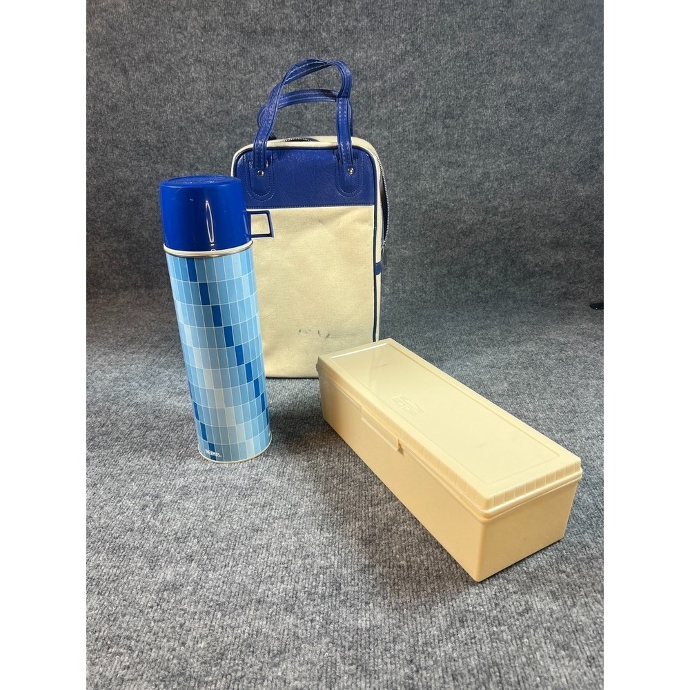 Vintage Thermos‎ Blue Tile 13" Vacuum Bottle Lunch Set w/ Vinyl Bag & Food Box